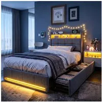 PXloue Polsterbett 180x200 cm LED Doppelbett, mit USB-Laden und Stauraum am Kopfteil,Leinen,90x200 cm