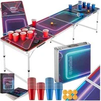 tectake Spieltisch Bierpongtisch, inklusive 100 Bechern, 6 Bällen und Kartentrinkspiel, (Beerpong-tisch BeerWars I), mit LED-Beleuchtung, klappbar und höhenverstellbar, Tragegriffe