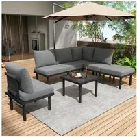 MODFU Gartenlounge-Set für 6 Personen mit verzinktem Eisenrahmen, (6-tlg., 2 Sitzer Bank, 1 Eckbank, 2 Stühle, 1 Hocker, 1 Couchtisch), mit verstellbare Füße, Tischplatte aus glattem Glas