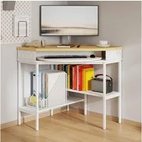 FUFU&GAGA Schreibtisch 80-160cm Computertisch Homeoffice, Weiß & Holz, LED