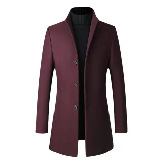 Herren Wollmantel Lang Slim Fit Stehkragen Business Mantel für den Winter Rot
