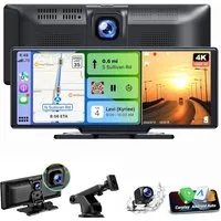 ESSGOO 4K 10.26" Wireless Carplay Android Auto Display Vorne Rückfahrkamera Navigationsgerät (Tragbar Autoradio Rückfahrkamera IPS Touchscreen GPS Navi FM AUX)