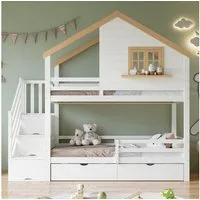 Flieks Etagenbett, Kinderbett Hausbett 90x200cm mit 2 Schubladen, Fenster, Rausfallschutz