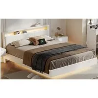 VASAGLE Polsterbett Bettgestell, Doppelbettgestell, Bett mit LED-Beleuchtung, wolkenweiß (160 x 200 cm), schwebender visueller Effekt, hohem Kopfteil, Ladestation, modern