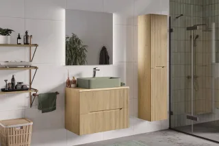 Badmöbel Set 4-tlg Badezimmerset AVOLI Cremona Eiche Spiegel 80cm inkl. Wasch...