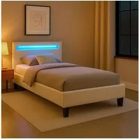 CARO-Möbel Polsterbett MANDALAY, LED Bett 90x200 cm Einzelbett mit Lattenrost und Kunstlederbezug Weiß