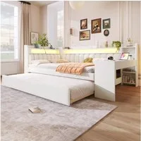 STILVORA Kinderbett mit bettfunktion Polsterbett 140x200 Tagesbett ausziehbar mit LED Weiß (mit LED-Gürtel, USB-Anschlüssen & Ausziehbett – Schreibtisch integriert., 1-tlg., 140x200), mit Ausziehbett