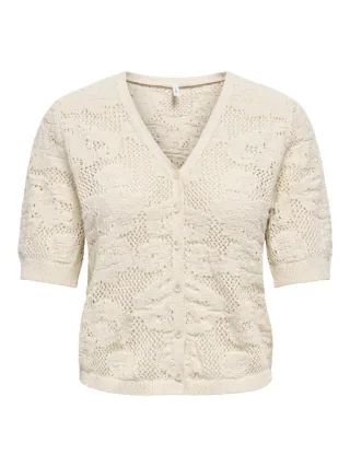 ONLY - Kurzärmelige Strickjacke mit V-Ausschnitt und Lochmuster beige - Gr. - XS