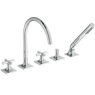 Ideal Standard Joy Neo Fünfloch-Badearmatur BD164AA mit Auslauf, mit Handbrause-Set, Kreuzgriffe, Ausladung 220mm, chrom