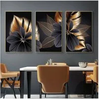 TPFLiving Kunstdruck (OHNE RAHMEN) Poster - Leinwand - Wandbild, Goldene und schwarze Blätter - (3 Motive und in 17 Größen zur Auswahl - Günstiges 3-er Set), Farben: Schwarz, Gold, Braun - Größe: 25x35cm