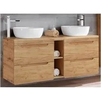 Lomadox Waschtisch LUTON-56-CRAFT, Wotan Eiche Nb. mit 2 Keramikbecken 141/76,5/46 cm