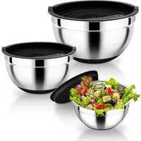 PFCTART Rührschüssel Schüssel Set mit Deckel - Salatschüssel & Edelstahl Schüssel, Edelstahl (Schüsseln), Kunststoff (Deckel), (Rostfrei, leicht zu reinigen - Vielseitig für Vorrat & Zubereitung, 3-tlg), stapelbar & rutschfest – 16/22/26 cm Schüssel 