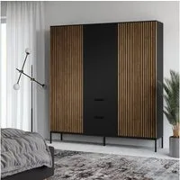 MOEBLO Drehtürenschrank Schrank Meteor 185 (Kleiderschrank Drehtürenschrank mit Schubladen Falttürenschrank 2-türig Schrank mit Einlegeböden und Kleiderstange Garderobe Schrank Schlafzimmer, artisan / schwarz) (HxTxB):200x60x185 cm