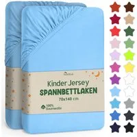 NatureMark Spannbettlaken Jersey Spannbetttuch, 100% Baumwolle, Gummizug: rundum, (2 Stück), Kinder Spannbetttuch, für Baby-/Kinderbett, 70x140 cm, Hellblau