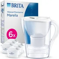BRITA Wasserfilter Kanne MAXTRA Marella weiß inkl. 6x Pure Performance Kartusche, Passt in Kühlschrank, Filterwechselanzeige, reduziert PFAS, Kalk etc.
