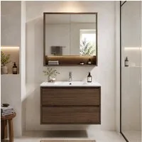 Lomadox Badmöbel-Set VERZUOLO-56-WALNUT, (Spar-Set, 2-St., Spiegelschrank Waschbecken Waschbeckenschrank), in Walnuss, wandhängend, grifflos, LED-Beleuchtung