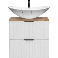 Lomadox Waschtisch ADELAIDE-56-WHITE, 61,5cm, weiß mit Eiche Nb., Keramik-Aufsatzbecken weiß marmoriert