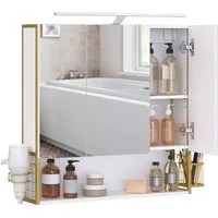VASAGLE Spiegelschrank Badezimmerschrank, Badschrank, Wandschrank (mit LED-Beleuchtung) mit Steckdose, Föhnhalter, Großem Stauraum, Wolkenweiß-Grüngoldfarben