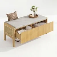 Refined Living Schuhbank Schuhbank mit Stauraum 113 cm, Bambus & Rattan, 2 Schubladen (Schuhbank, Sitzbank, Aufbewahrungsbank, Flurbank, 113x40x45,5 cm, Natur + Grau, Bambus + MDF + Rattan, 2 Schubladen, gepolstert, 1-St., 100kg Belastung, Skandinavi