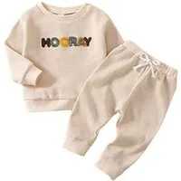 suebidou Freizeitanzug 2 teiliges Outfitset Hose und Sweatshirt Hausanzug Joggingsanzug, witziger Patch Hooray, Waffleoptik