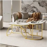 PXloue Couchtisch rund Beistelltisch Satztische 2er Set, 2 in 1 Mit Marmormuster Tischplatte, 80 x 46 x 45 cm/52 x 51 cm