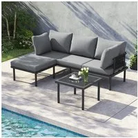 Flieks Gartenlounge-Set, 4-Sitzer Outdoor Gartenmöbel Eckgarnitur Sofa & Couchtisch & Hocker