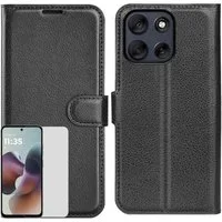 Wigento Smartphone-Hülle Für Motorola Moto G56 5G Kunstleder Wallet Hülle Schwarz + Hart Glas, Produktset Kunst-Leder Tasche + H9 Hart Glas