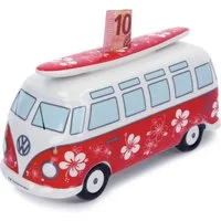 VW Collection by BRISA Spardose Volkswagen Sparschwein im T1 Bulli Bus Design mit Surfbrett, Geldbüchse aus hochwertiger Keramik