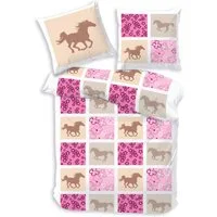Träumschön Bettwäsche Premium Set aus Baumwolle 135x200 cm, Kinderbettwäsche Karo Pferd rosa, Baumwolle, 2 teilig, mit Reißverschluss, luftig und leichte Sommerbettwäsche für Kinder