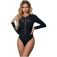 Lau-Fashion Langarmbody Corsagen Bodysuits Lace Mesh Schnallen Unterwäsche Reizwäsche S/XL