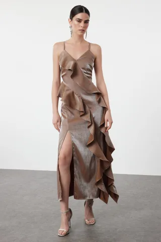 Unifarbenes, mittellanges Spaghettiträgerkleid für Damen, ideal für Abschlussball oder Abiball