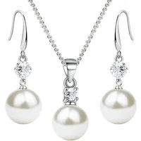 LÖB Ohrring und Ketten Set Halskette Ohrringe Hängend Zirkonia Tropfen Perlen Anhänger Set Silber (Geschenke für Frauen Damen Beste Freundin Mutter Mama Ehefrau Oma sie zum Geburtstag Schmuck Sommer, Inkl. Schmuckbox), Schmuckset Kette Perlenohrringe
