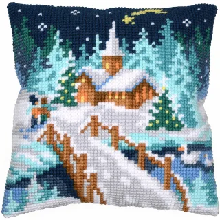 Kreuzstichkissen "Winterdorf bei Nacht"
