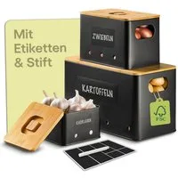 Praknu Vorratsdose Kartoffel Aufbewahrungsbox 3er Set - Mit Belüftung für längere Frische, Eisen, FSC® Bambus, (Aufbewahrungsbox-Set, 7-tlg., 3 Boxen inkl. Zubehör), Stapelbar, Nachhaltig, Mit FSC® Bambusdeckel, Mit Etiketten & Stift