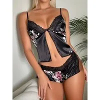Elegant Love Shorty Satin Pyjama-Set für Damen – Schlafanzug mit Spitze & Blumendruck (Set, 2 tlg., Oberteil + Shorts) Sexy Dessous-Set – Loungewear mit Schleifen-Detail
