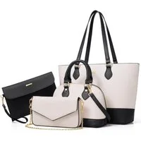 LuxusKollektion Handtasche Damen Handtaschen Set 4-teilig Büro Schule Reise Geschenk weiß-schwarz