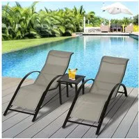 Outsunny Gartenliege 3-tlg. Sonnenliege mit Tisch, Liege, 3 St., Gartensitzgruppe, Metall Mesh Grau+Schwarz 2 x Sessel 1 x Tisch