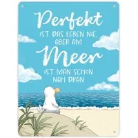 speecheese Metallschild Möwe am Strand Metallschild XL in 21x28 cm mit Spruch Leben Meer fast