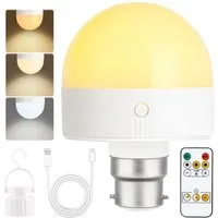 Ophy LED-Leuchtmittel Wiederaufladbare LED-Glühbirne B22 mit Magnetsockel, 1 St., dimmbar, Fernbedienung, Timer, 3 Farbtemperaturen – abnehmbar (Lade-LED-Lampe)
