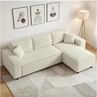 HOMCOM Ecksofa mit Umkehrbarer Chaiselongue, 2 Kissen, Federpolster, Eckcouch aus Cordstoff 1 Teile, für Wohnzimmer Schlafzimmer, 241x153x83 cm Cremeweiß
