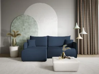 Ecksofa Sofa mit Schlaffunktion CALGARY Stoff Curio Dunkelblau Ottomane Links