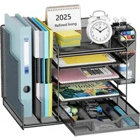 Refined Living Organizer Schreibtisch Organizer mit Aktenhalter, Büro Organizer, mit 5 Fächern (5-stufiger Papier Organizer mit Schublade und Stifthalter, Mesh Schreibtisch Akten Organizer mit Zeitschriftenhalter, mit vertikalen Aktenordnerhaltern, S