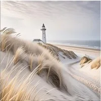 artissimo Glasbild Bild aus Glas 50x50 cm / Wandbild Quadratisch / Wanddeko modern, Strand und Meer: Leuchtturm in den Dünen in beige