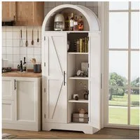 Flieks Hochschrank mit verstellbarer Einlegeböden und offenem Oberfach in Landhausstil (170×70×35 cm, 1-St) gewölbter Mehrzweckschrank Küchenschrank Highboard Küchenbuffet Weiß