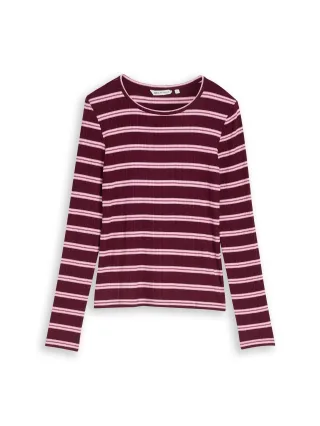 Denim Tom Tailor - Slim Fit Langarmshirt mit Rippstruktur red pink multicolor stripe - Gr. - S
