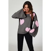 FS Collection Strickpullover Oversize Pullover mit weiten Ärmeln und Herzmuster – Strickwaren (Einheitsgröße: UK 8–12 / EU 36–40, 3 Farben : Rosa - Hellgrau - Dunkelgrau) 100 % Acryl