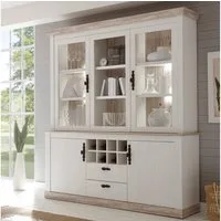 Lomadox Buffet FERNA-61 Pinie weiß und Oslo dunkel Nb. inkl. LED 184x205x44cm