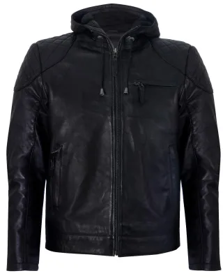 Bomber-Bikerjacke aus Leder mit Kapuze und Reißverschluss