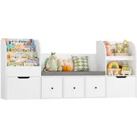 Homfa Kinderregal 180cm Sitzbank für Kinder mit 2 Schubladen auf Räder & 3 Stoffboxen, Spielzeugregal,Spielzeugtruhe, Kinderregal mit Bücherregal 180x35x80cm
