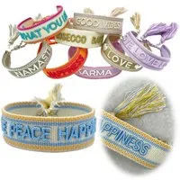 LS-LebenStil Armband Canvas Statement Armband Love Peace Happiness Blau Quasten bestickt (Baumwollarmband Webarmband Armbandliebe Freundschaftsarmband Freundschaftsband Partnerarmband, 1-tlg., textil geflochten gewebt - hochwertiger gestickter Spruch